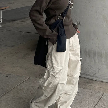 Bio-washed cotton wide cream cargo pants