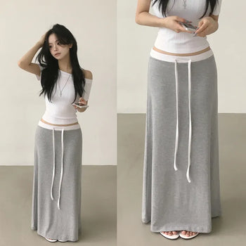 Soft and flowy~ Contrast Elastic Low-Rise Maxi Long Skirt