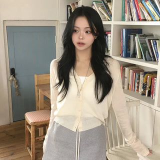Subtle Colors, Summer See-through V-Neck Semi-Crop Long-Sleeve Knit Cardigan