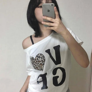 Leopard off-shoulder short-sleeve T-shirt
