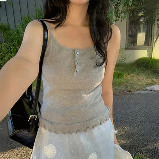 Humming Button Punching Frill Strap Sleeveless Layered Slim Fit Sleeveless Inner Item Sleeveless Bustier Top Cotton Sleeveless