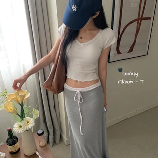 [Neujonyeo] Lace Ribbon Crop Short Sleeve T-shirt