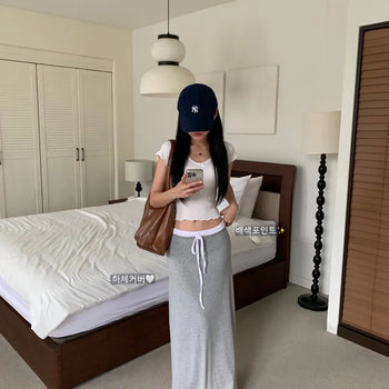 [Neujonyeo] Color Block Hip Low-Rise Maxi Training Long Skirt
