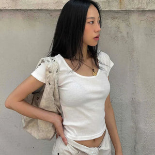 Basic round neck ribbed short sleeve T-shirt