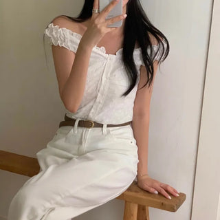 Ruin's Punching Lace Frill Banding Off-Shoulder Short Sleeve Blouse
