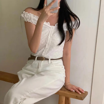 Ruin's Punching Lace Frill Banding Off-Shoulder Short Sleeve Blouse