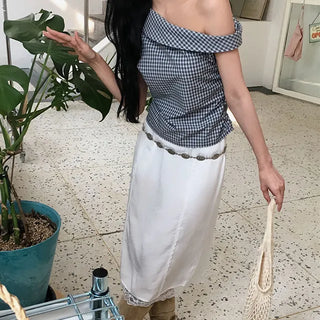 Hayoko Check Shirred Off-Shoulder Sleeveless Blouse