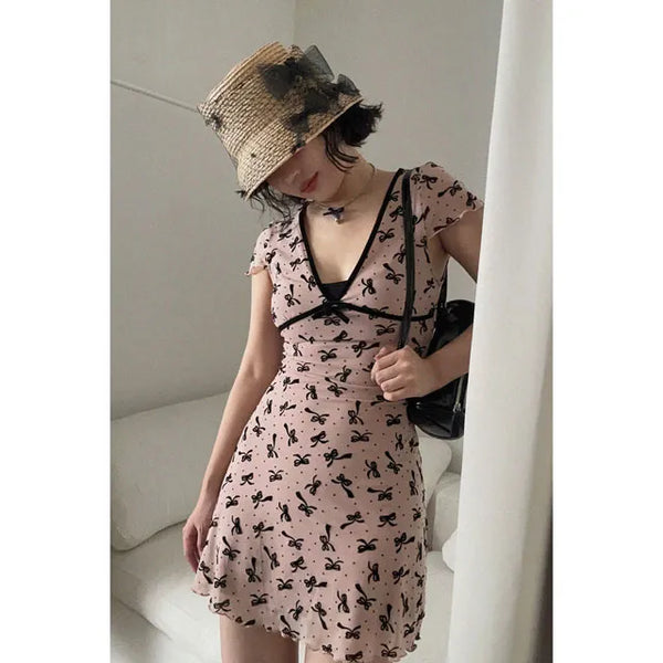 Pink ribbon velvet V-neck mini dress