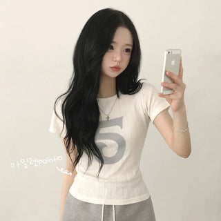 Eyelet Punching Embroidered Number Round Delicate Fit Ribbed Short Sleeve T-shirt