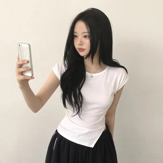 Figure-enhancing, Round Asymmetrical Shirred Diagonal Slit Slim Fit Short Sleeve T-shirt