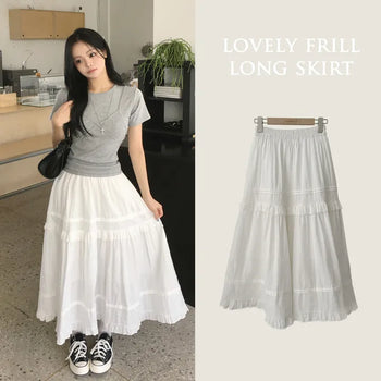 Popcorn Embroidered Jacquard Elastic Frill Flare Long Skirt