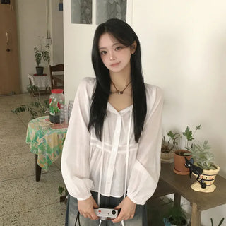 Delicate~ Boho Chic Crinkled Linen Gauze Strap Shirring Loose Fit Must-Have Long Sleeve Blouse