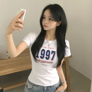 Number Lettering Print Round Slim Fit Short Sleeve T-shirt