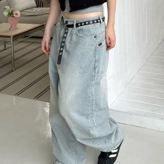 Striped big pocket denim pants