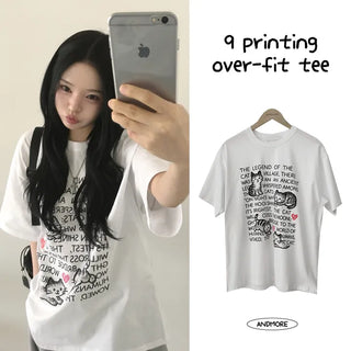 Kitsch Lovely Round Character Lettering Print Boxy Loose Fit Short Sleeve T-shirt