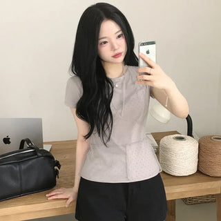 Round Dot Halter Strap Bustier Layered Delicate Fit Short Sleeve T-shirt