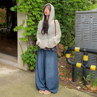 Poiki Punching Knit Zip-Up Loose Fit Oversized String Mesh Cardigan Long Sleeve Tee Summer Transitional Outerwear