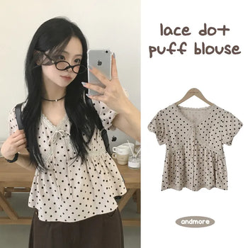 Full of Loveliness, Dot Lace Ribbon Puff Flare Short Sleeve Blouse