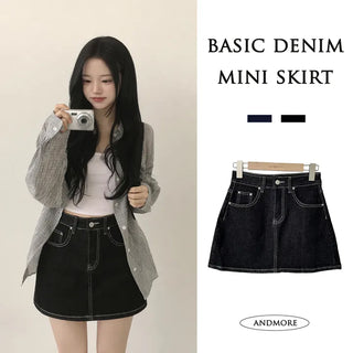 Leg-Lengthening, All-Season Daily High-Waisted Raw Denim Mini Skirt