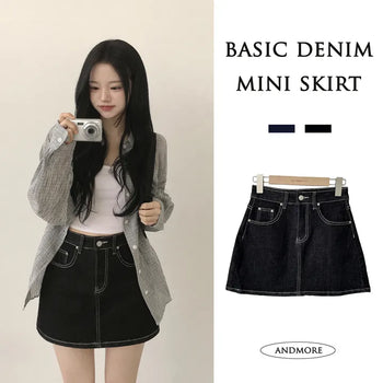 Leg-Lengthening, All-Season Daily High-Waisted Raw Denim Mini Skirt