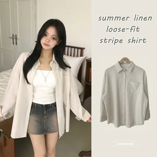 A fit that evokes a protective instinct, Linen Striped Pocket Loose Fit Long Sleeve Shirt