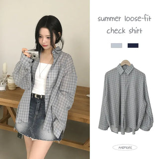 Flowy~ Subtle colors, Campus Pocket Check See-through Long Sleeve Shirt Summer Button-up