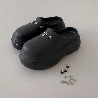 ◈2 Types◈7cm◈Single Item◈Platform Mules Studded Star Stud Parts Slippers Flip-flops Loafers Chrome Cross Platform Heel Unique Flip-flops Four Seasons Shoes