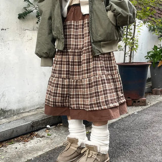 Kinoko Banding Mori Check Tiered Full Skirt (2 colors)