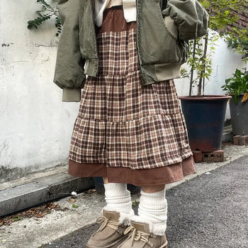 Kinoko Banding Mori Check Tiered Full Skirt (2 colors)