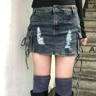 Nami Y2K Cargo Eyelet Damaged Medium Blue Skirt