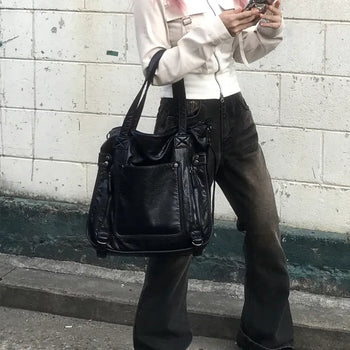 Vintage Antique Leather Oversized Shoulder Crossbody Bag