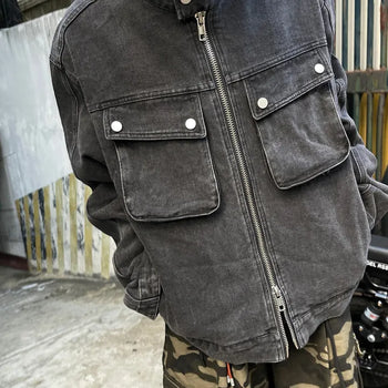 Unisex Kentaro Black Biker Cargo Denim Jacket