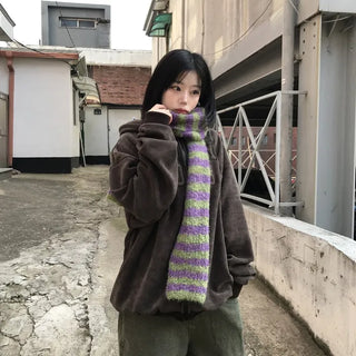 Unisex Brine Corduroy Boucle Lettering Zip-up Hoodie