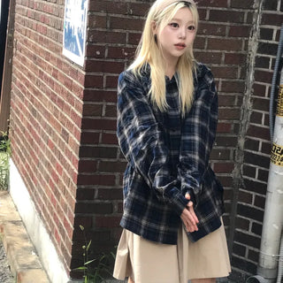 Unisex Daily Vintage Hooded Check Shirt