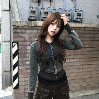 Y2K Ashiro Vintage Wash Cut-out Crop Zip-up Hoodie