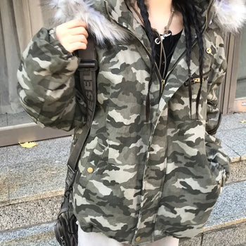 Unisex Ryu Raccoon Fur Hooded Camo Padded Jacket