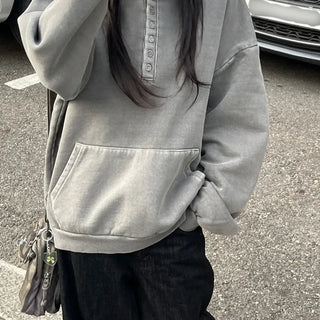 Unisex Naho Henley Neck Pigment Brushed Hoodie (2 colors)