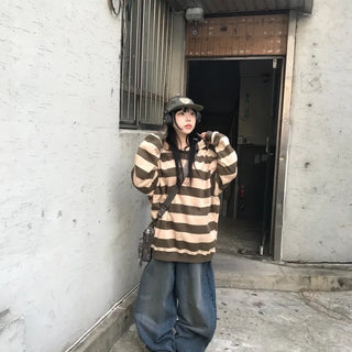 Unisex Haruka Fleece-Lined Oversized Striped Hoodie (2 colors)