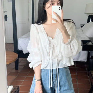 Strap Lace Embroidered Frill Summer Blouse Vacation Look Holiday Look