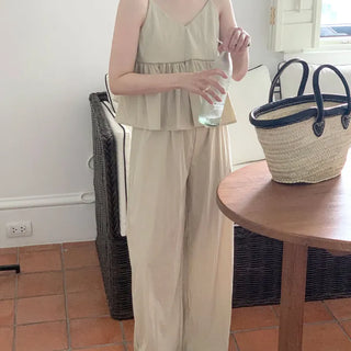 Sleeveless Blouse, Nylon Elastic Waist Wide Pants Set, Vacation Look, Holiday Look