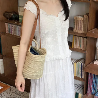 Flower Embroidered Pintuck Frill Sleeveless Blouse