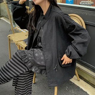 Miel Cotton Washed Oversized Short Field Jacket with String, Big Size, Loose Fit, High Neck, Transitional Autumn Jacket Jumper