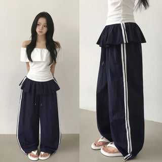 Crisp Nylon Two-way String Banding Frill Mini Skirt Layered Track Training Jogger Wide Pants