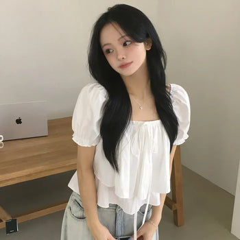 Square Neck Elastic Shirring Frill Ribbon Strap Puff Flare Short Sleeve Blouse