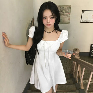 Cinched Delicate Fit, Lovely Square Neck Elastic Ribbon Shirred Puff Backstrap Flare Short Sleeve Mini Dress