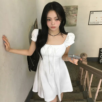 Cinched Delicate Fit, Lovely Square Neck Elastic Ribbon Shirred Puff Backstrap Flare Short Sleeve Mini Dress