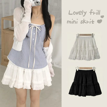 Thigh-Delete Fit, Popcorn Embroidery Jacquard Elastic Waist Frill Tiered Mini Skirt