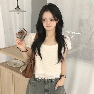 Lovely Mood, Ribbon Strap Lace Jacquard Flower Embroidery Short Sleeve Blouse