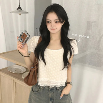 Lovely Mood, Ribbon Strap Lace Jacquard Flower Embroidery Short Sleeve Blouse