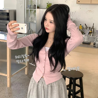 Delicate~ Hand-covering, Striped Side-Shirred Semi-Crop Long-Sleeve Cardigan